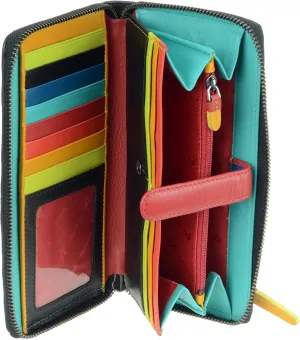STR5 Women's Secure RFID Blocking Large Leather Bifold Zip-Around Clutch Wallet Purse - Black Multi