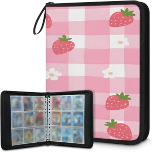 Strawberry 3 Ring Trading Zipper Binder Strap, Trading Card Binder 4 Pocket, 400 Pockets Card Holder with 50 Removable Sleeves for Game Cards
