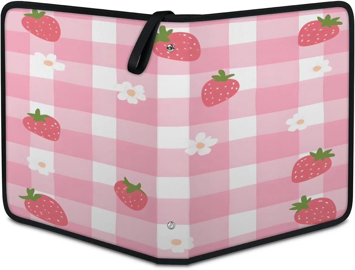 Strawberry 3 Ring Trading Zipper Binder Strap, Trading Card Binder 4 Pocket, 400 Pockets Card Holder with 50 Removable Sleeves for Game Cards