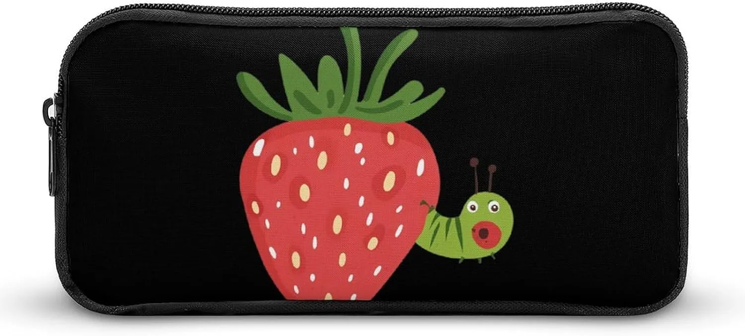 Strawberry Caterpillar Pencil Case Makeup Bag Easy to Clean Portable Pencil Pouch Office Organizer