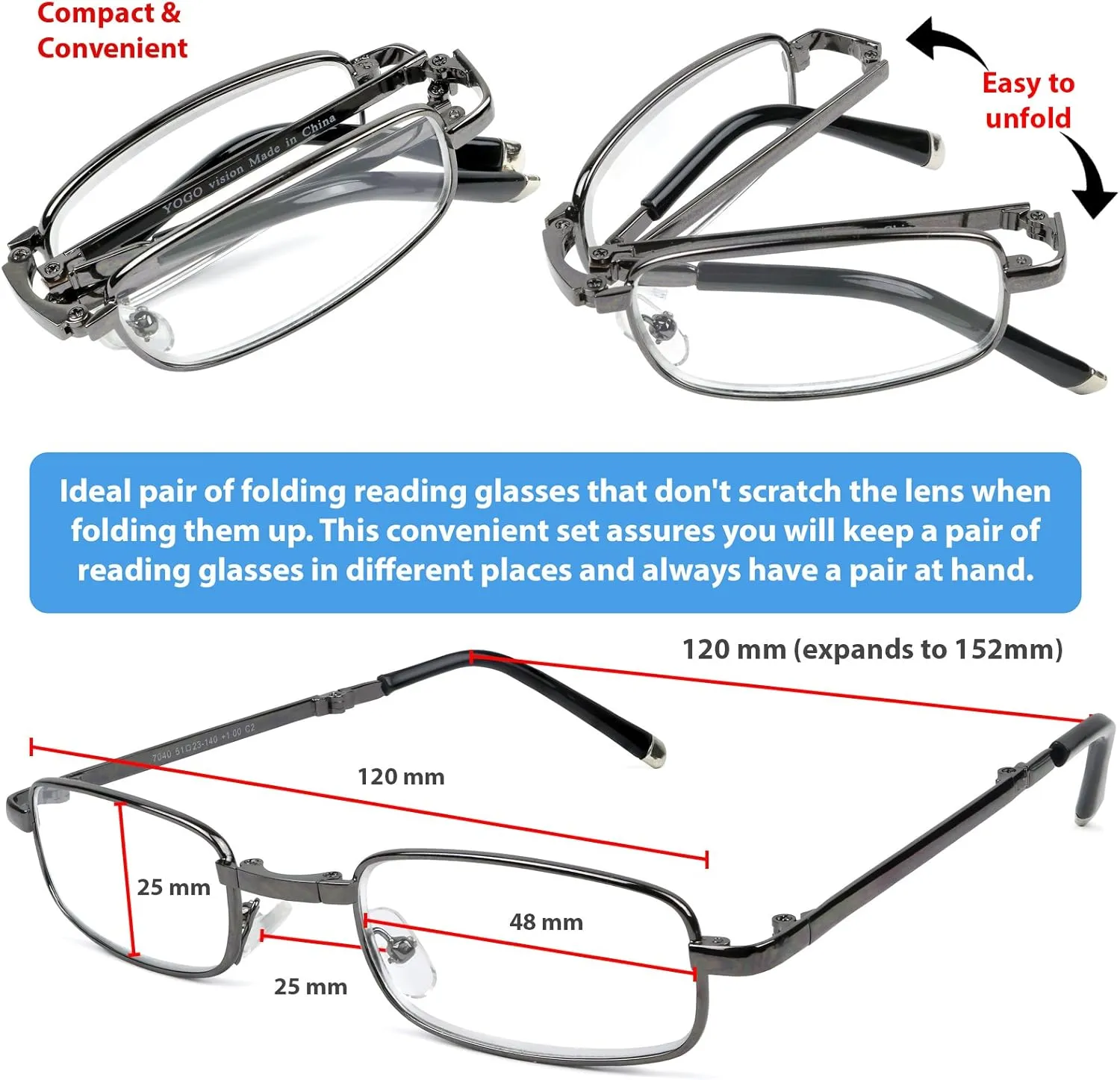 Success Eyewear Reading Glasses Fashion Folding Readers w Leather Cases Glasses for Reading for Men Women 2 Pk