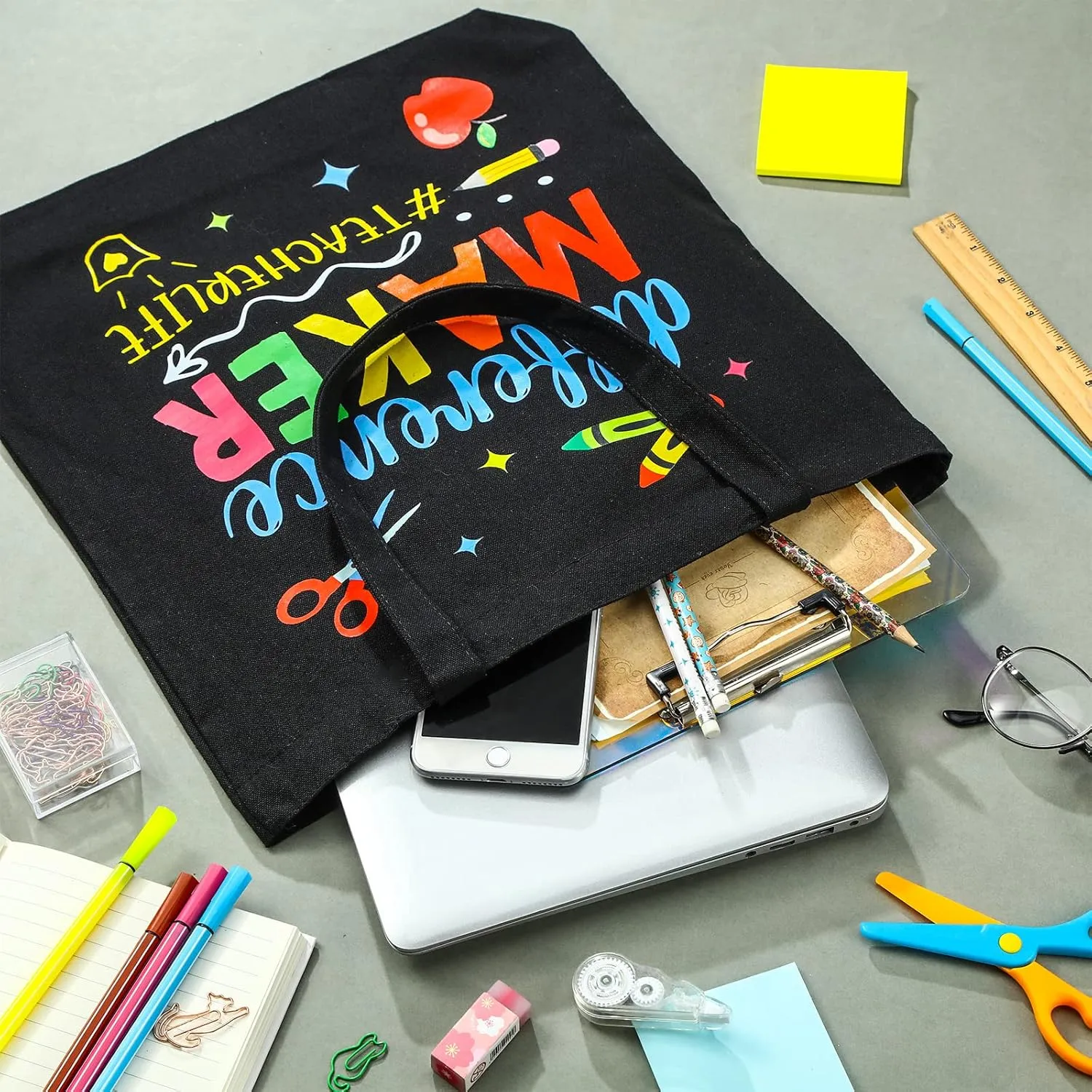 Sumind 6 Pcs Teacher Appreciation Gift Canvas Teacher Tote Bags Thank You Gift for Women Reusable Rainbow Bags