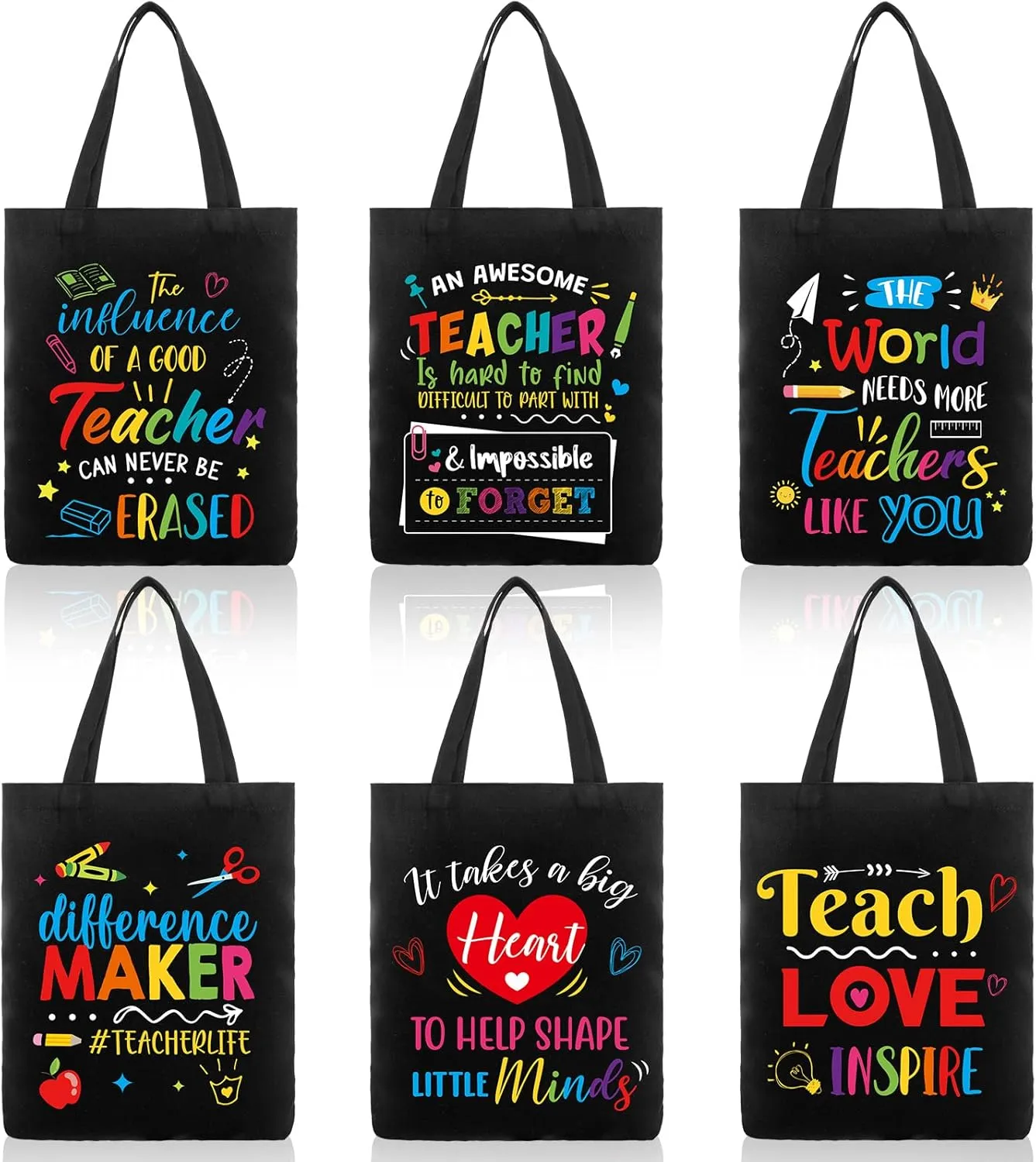 Sumind 6 Pcs Teacher Appreciation Gift Canvas Teacher Tote Bags Thank You Gift for Women Reusable Rainbow Bags