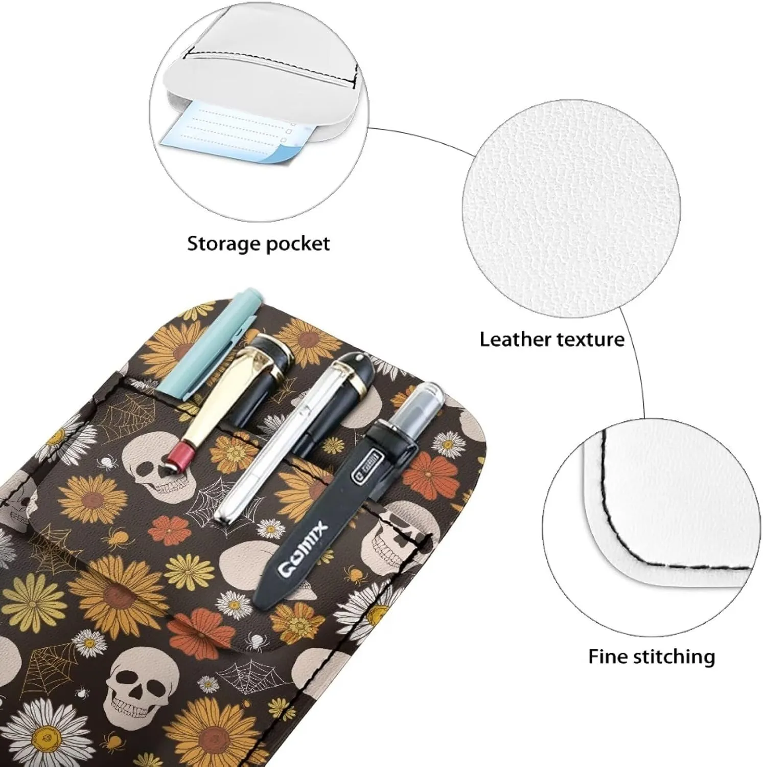 Sunflower Skull Pocket Protector for Shirt,Lab Coats,Pants,Leather Pen Pocket Holder Pencil Pouch Organizer for Women,Pocket Protectors for Pens and Pencils