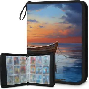 Sunset Boat 3 Ring Trading Zipper Binder Strap, Trading Card Binder 4 Pocket, 400 Pockets Card Holder with 50 Removable Sleeves for Game Cards