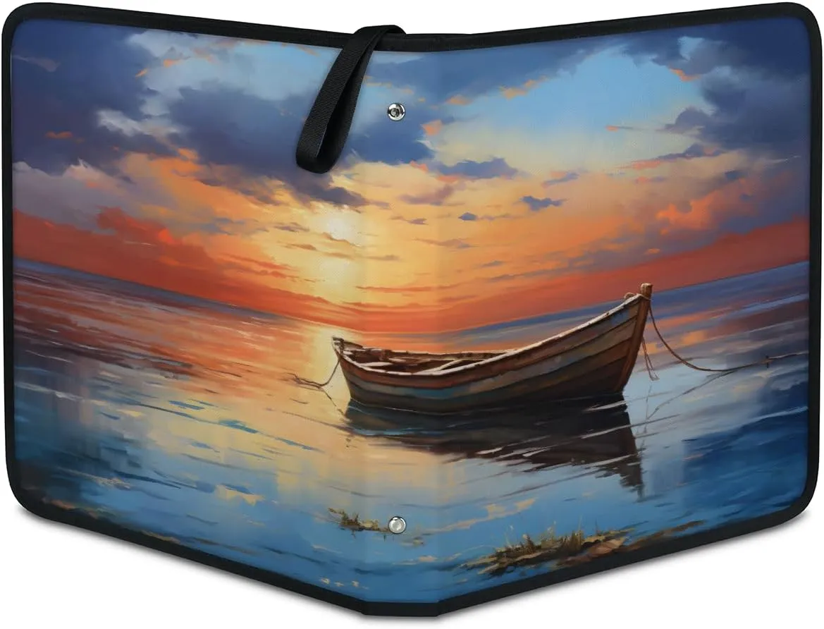 Sunset Boat 3 Ring Trading Zipper Binder Strap, Trading Card Binder 4 Pocket, 400 Pockets Card Holder with 50 Removable Sleeves for Game Cards