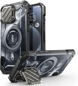 SUPCASE for iPhone 15 Pro Max Case with Camera Cover & Stand (UBMag XT) [Compatible with MagSafe] [Built-in Kickstand] [Military-Grade Protection] Heavy Duty Rugged Magnetic Phone Case, BlackRipple