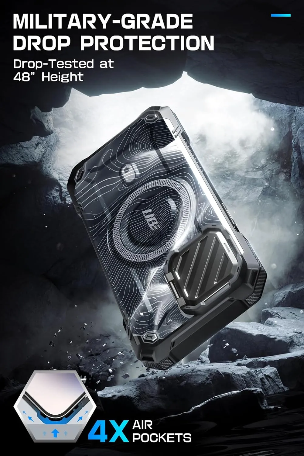 SUPCASE for iPhone 15 Pro Max Case with Camera Cover & Stand (UBMag XT) [Compatible with MagSafe] [Built-in Kickstand] [Military-Grade Protection] Heavy Duty Rugged Magnetic Phone Case, BlackRipple