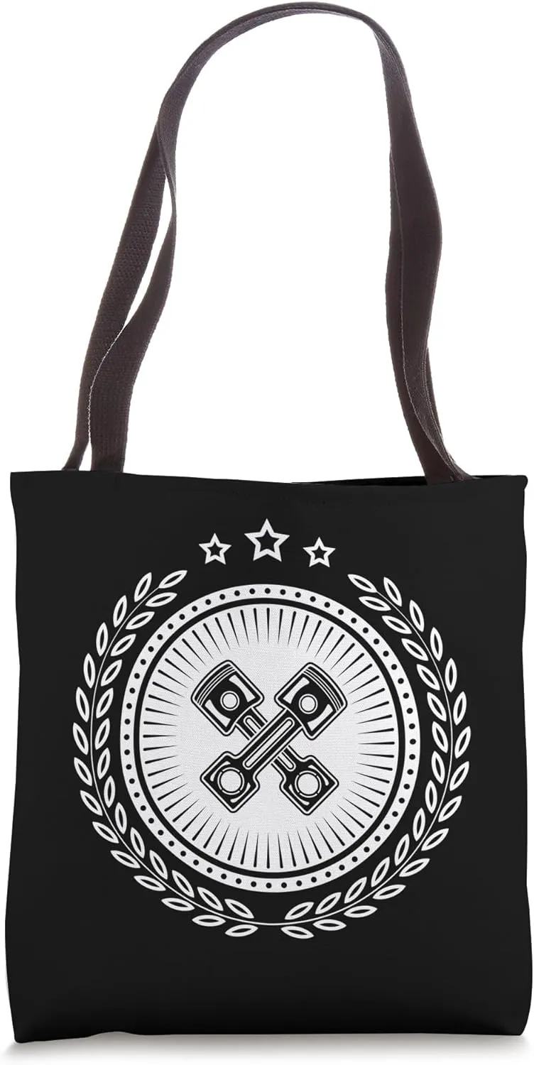 Symbol with laurel wreath, star and piston for mechanics Tote Bag