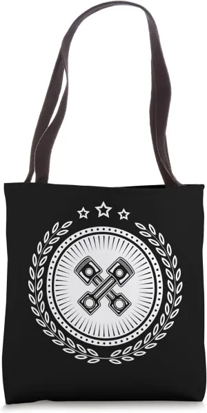 Symbol with laurel wreath, star and piston for mechanics Tote Bag