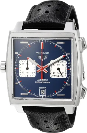 TAG Heuer Men's 'Monaco' Swiss Automatic Stainless Steel and Leather Dress Watch, Color:Black (Model: CAW211P.FC6356)