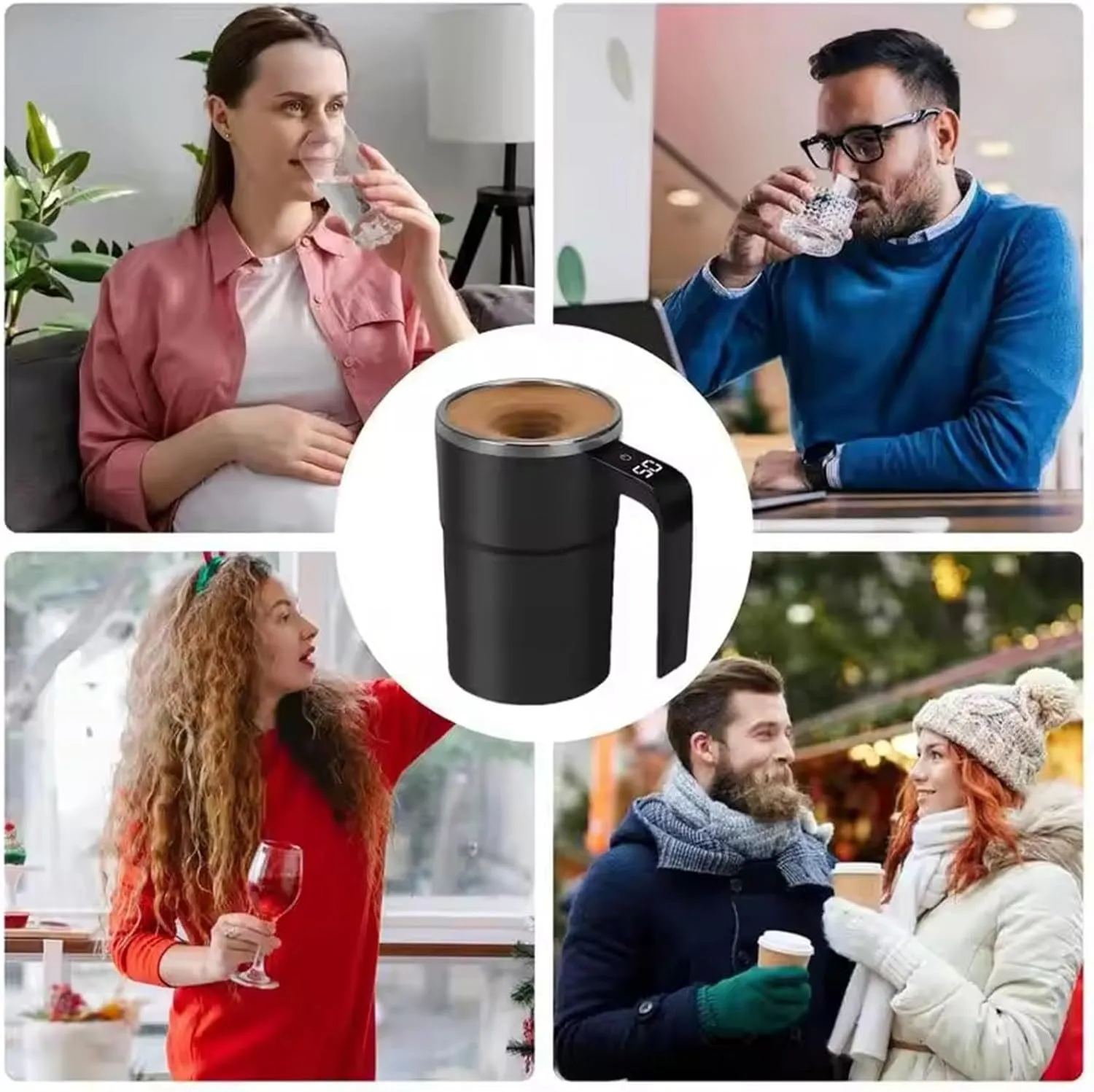 Taza Inteligente para Cafe, Magnetic Automatic Coffee Cup, Rechargeable Intelligent Mixing Mug, Electric Self Stirring Cup, Spinning Stirrer Mug Lid LED Display Temperature Milk(Black)