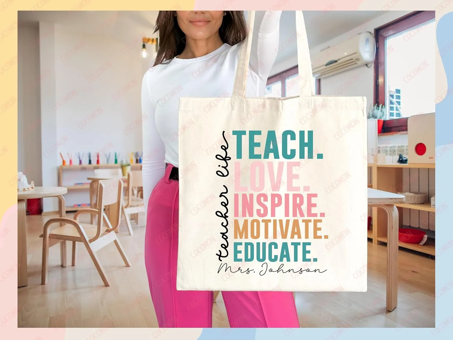 Teacher Appreciation Tote Bag Gift Tote Bag Canvas Premium Custom Teacher Gift Personalized Bag Gifted Teacher Tote Reusable Bag Personalized Name Teacher Bag (STYLE 1, Large Bag)