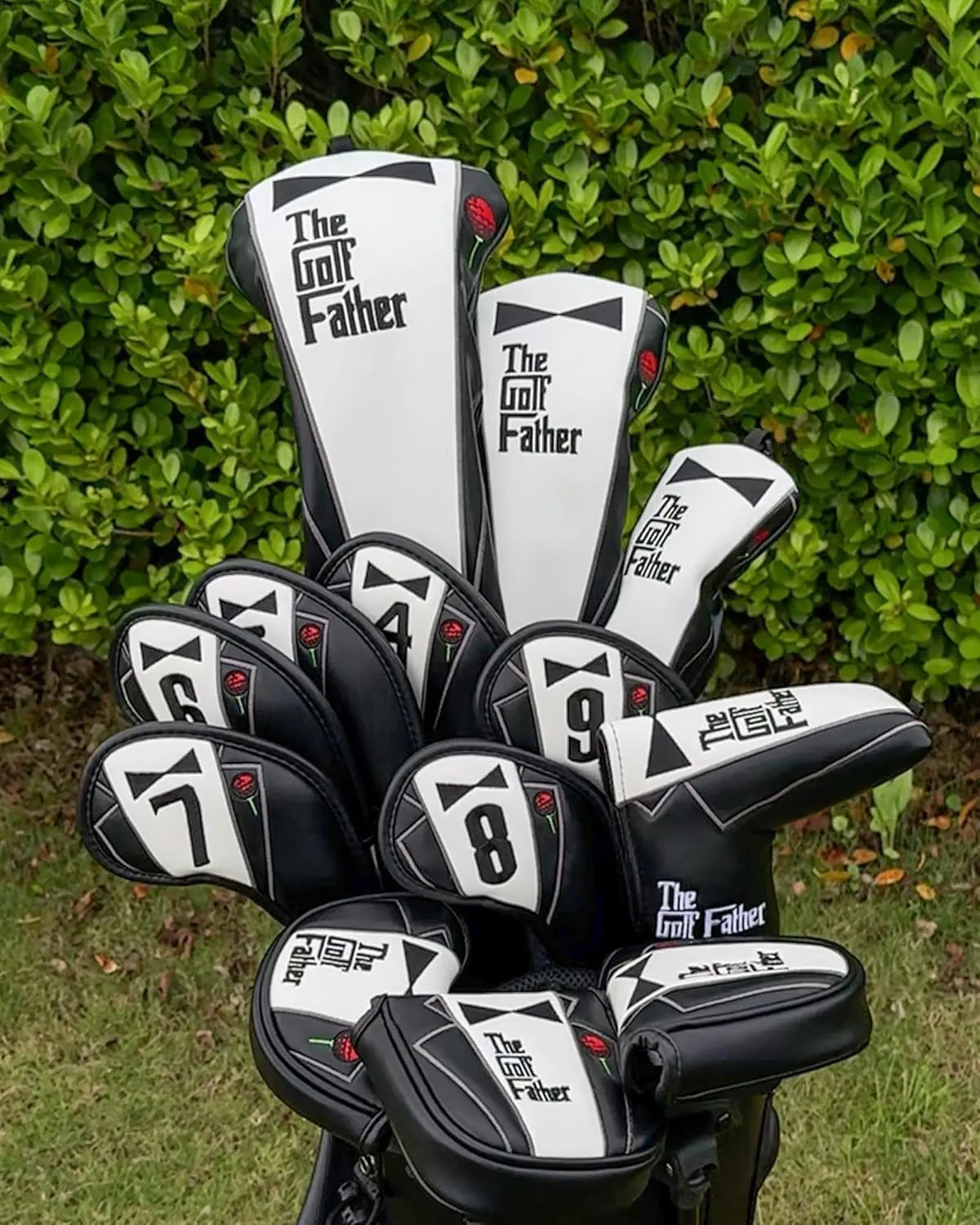The Golf Father Golf Club Covers, Driver Fairway Hybrid Headcover, Funny Putter Cover Magnetic, Black & White Color Iron Covers,Golf Gifts for Men