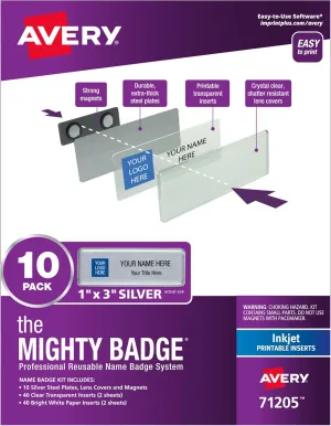 The Mighty Badge by Avery, 1" x 3" Silver Name Tags, 10 ID Badges, 80 Inserts for Inkjet Printers (71205)