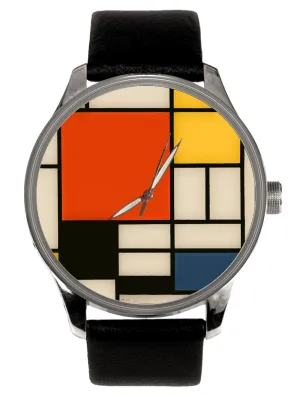 The Piet Mondrian Watch. Ceramic Finish Red White Blue & Yellow, Contemporary Design Art Solid Brass Collectible Mens' Watch