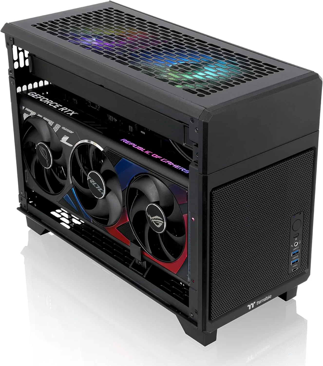 Thermaltake TR100 SFF Chassis; mITX Support; 18.9 Liters; PCIe 4.0 Riser Cable Included; 360mm GPU Clearance; 280mm Radiator Support; Removable PCIe Bracket; Black; CA-11A-00S1NN-00