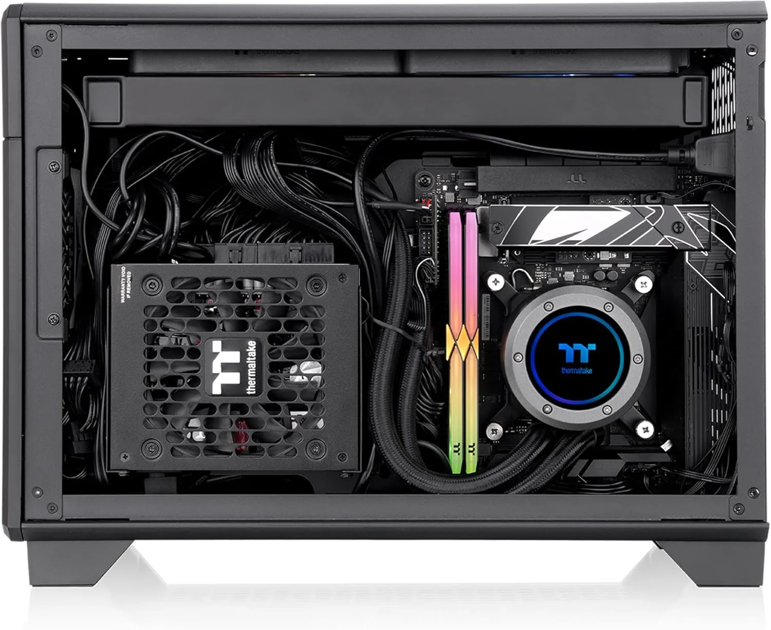 Thermaltake TR100 SFF Chassis; mITX Support; 18.9 Liters; PCIe 4.0 Riser Cable Included; 360mm GPU Clearance; 280mm Radiator Support; Removable PCIe Bracket; Black; CA-11A-00S1NN-00