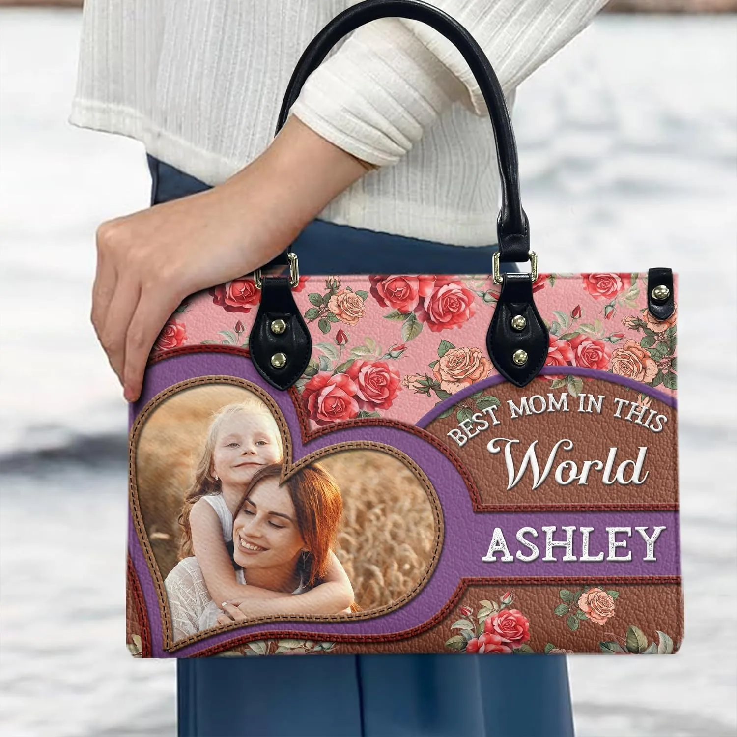 THUYPT Personalized Leather Mom Bag, Leather Handbag with Ziplock for Mom, Gift Idea for Mother's Day, Floral Printed Leather Handbag, Gift for Mom, Grandma, Flowers Bags (02)