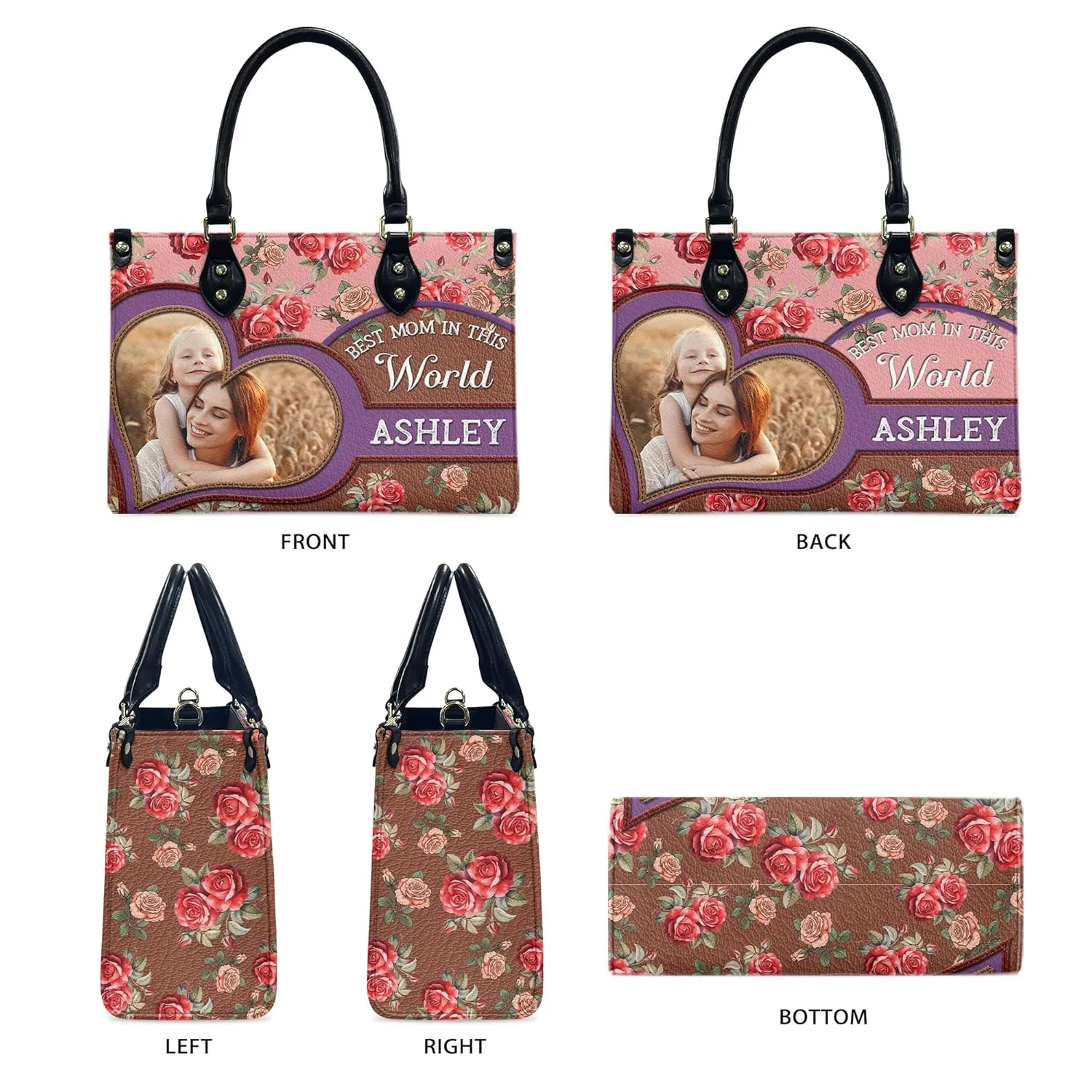 THUYPT Personalized Leather Mom Bag, Leather Handbag with Ziplock for Mom, Gift Idea for Mother's Day, Floral Printed Leather Handbag, Gift for Mom, Grandma, Flowers Bags (02)