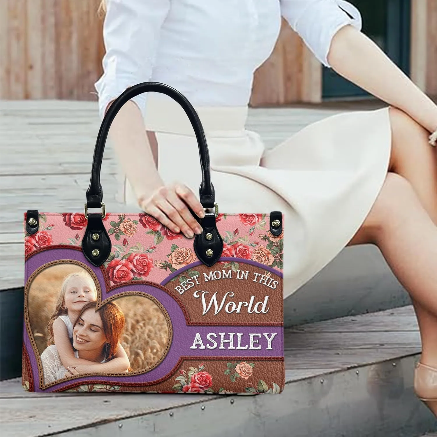 THUYPT Personalized Leather Mom Bag, Leather Handbag with Ziplock for Mom, Gift Idea for Mother's Day, Floral Printed Leather Handbag, Gift for Mom, Grandma, Flowers Bags (02)