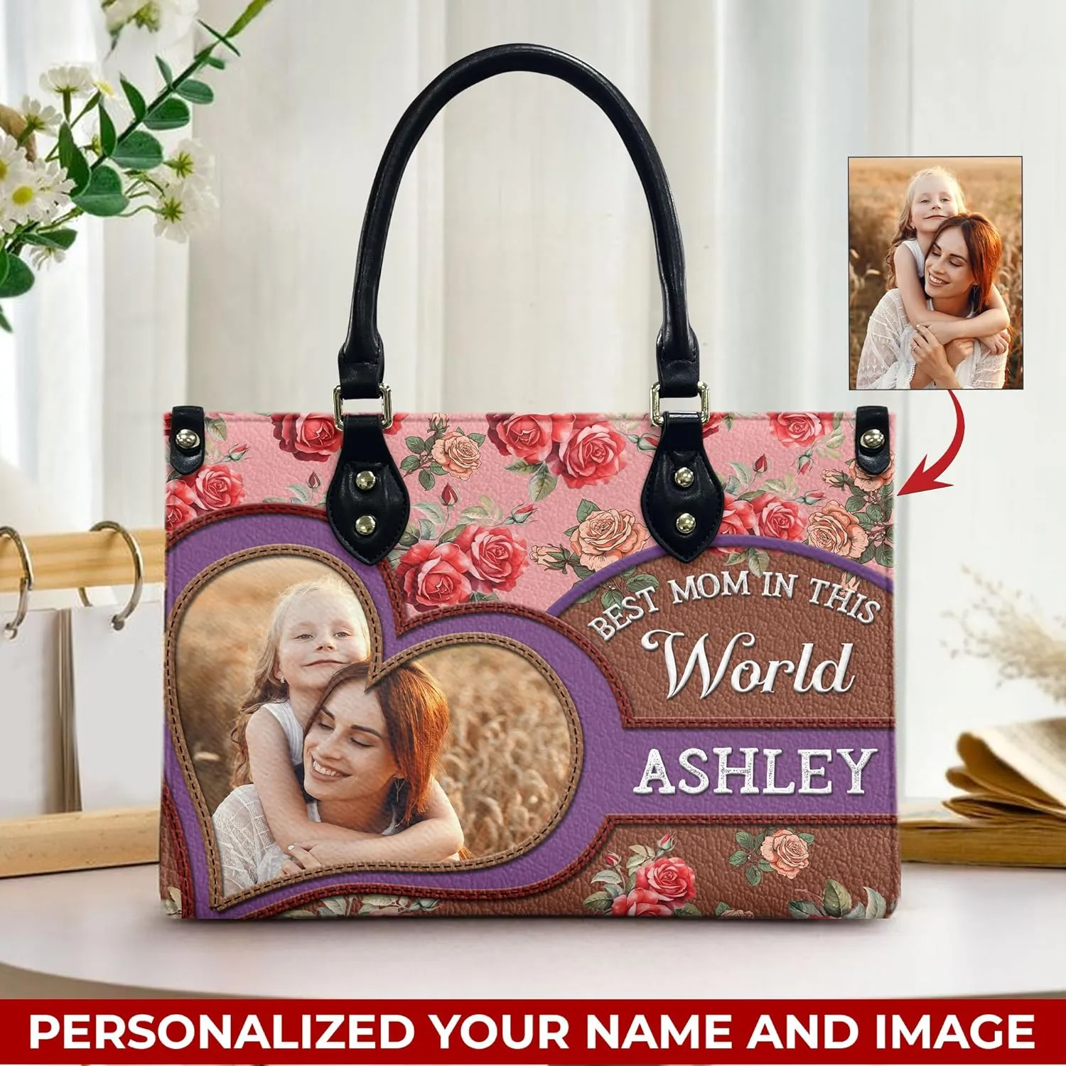THUYPT Personalized Leather Mom Bag, Leather Handbag with Ziplock for Mom, Gift Idea for Mother's Day, Floral Printed Leather Handbag, Gift for Mom, Grandma, Flowers Bags (02)