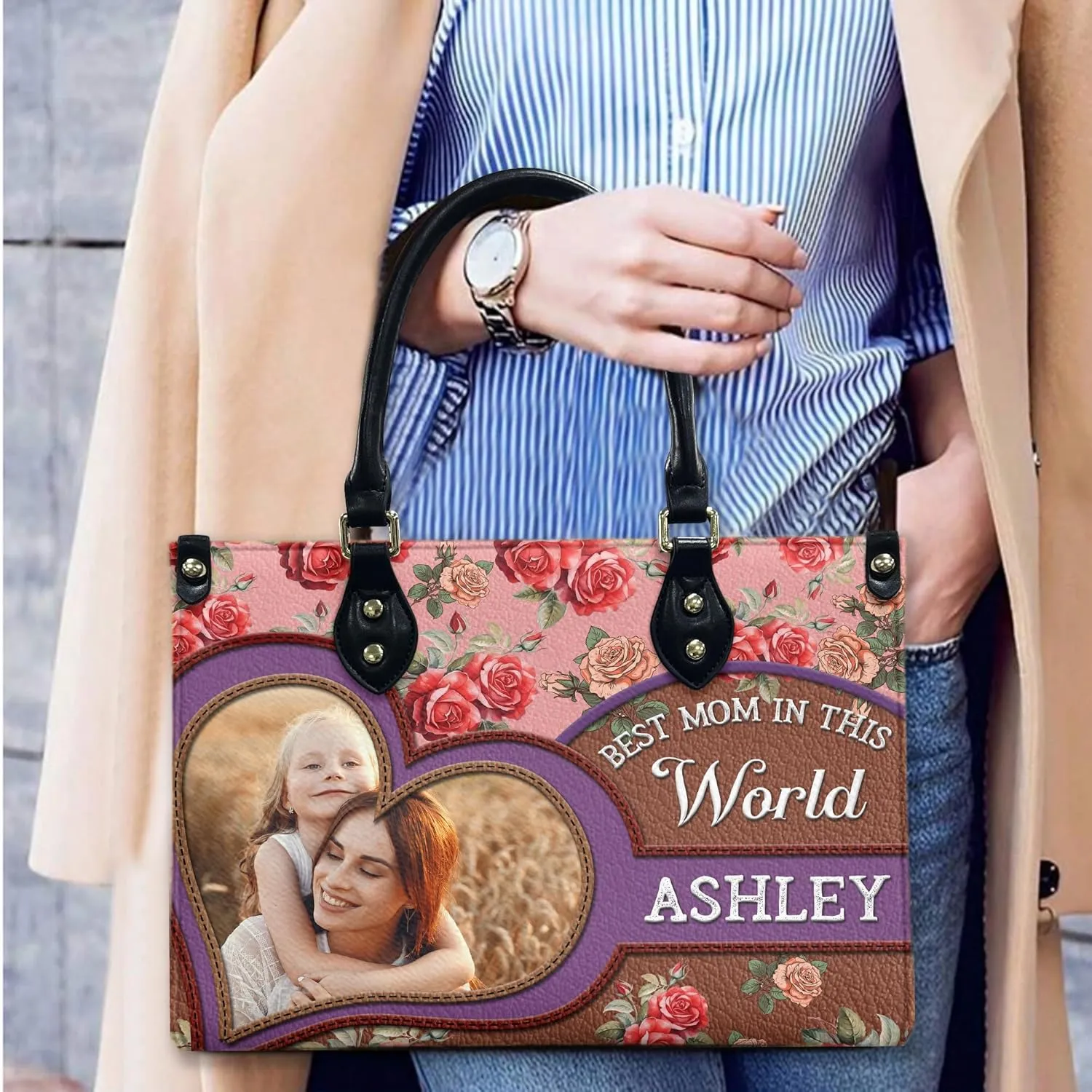 THUYPT Personalized Leather Mom Bag, Leather Handbag with Ziplock for Mom, Gift Idea for Mother's Day, Floral Printed Leather Handbag, Gift for Mom, Grandma, Flowers Bags (02)