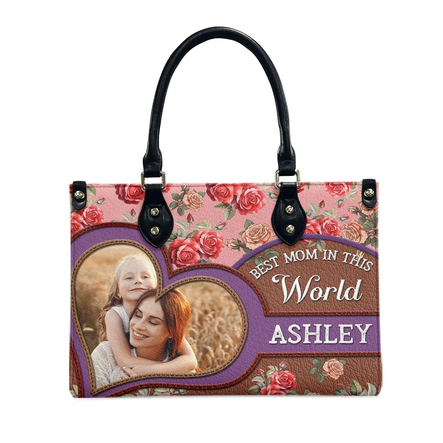 THUYPT Personalized Leather Mom Bag, Leather Handbag with Ziplock for Mom, Gift Idea for Mother's Day, Floral Printed Leather Handbag, Gift for Mom, Grandma, Flowers Bags (02)