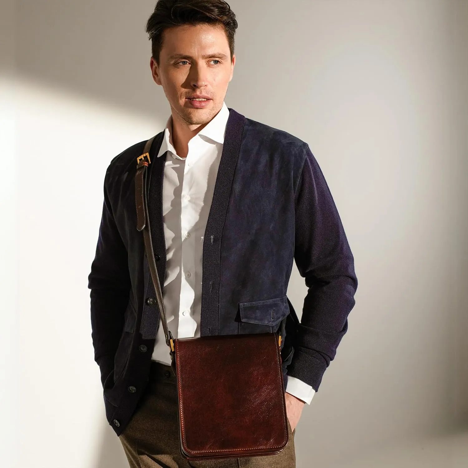 Time Resistance Italian Leather Messenger Bag for Men - Full Grain Leather Men's Crossbody Bag - Tablet Sized Shoulder Bag