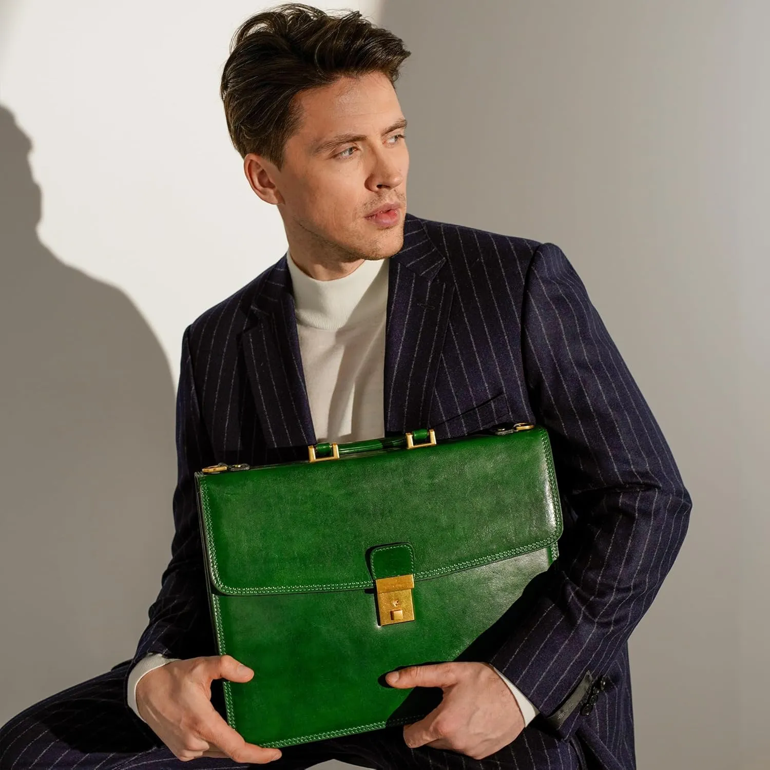 Time Resistance Leather Briefcase - Italian Handmade Leather Laptop Bag - Handbag for Men - Professional Computer Case