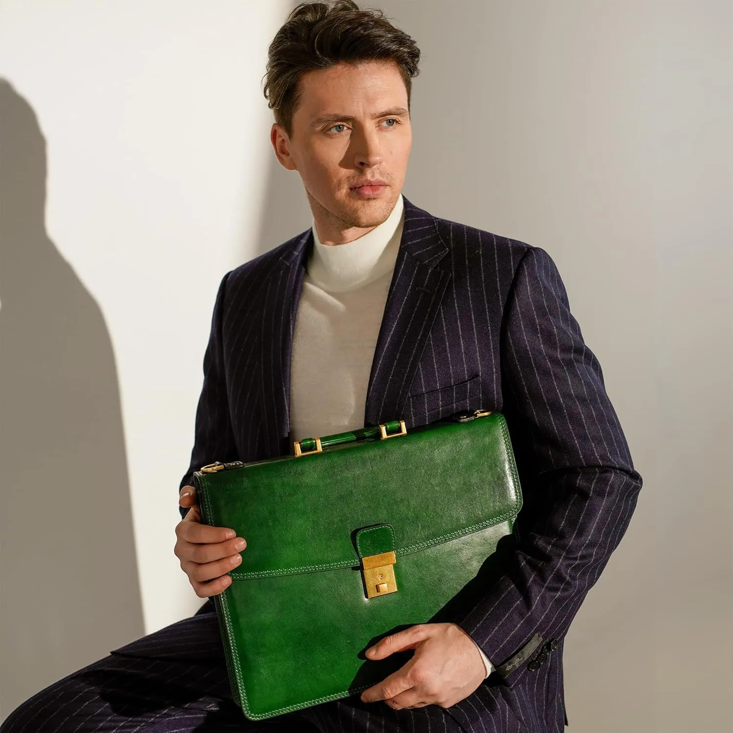 Time Resistance Leather Briefcase - Italian Handmade Leather Laptop Bag - Handbag for Men - Professional Computer Case
