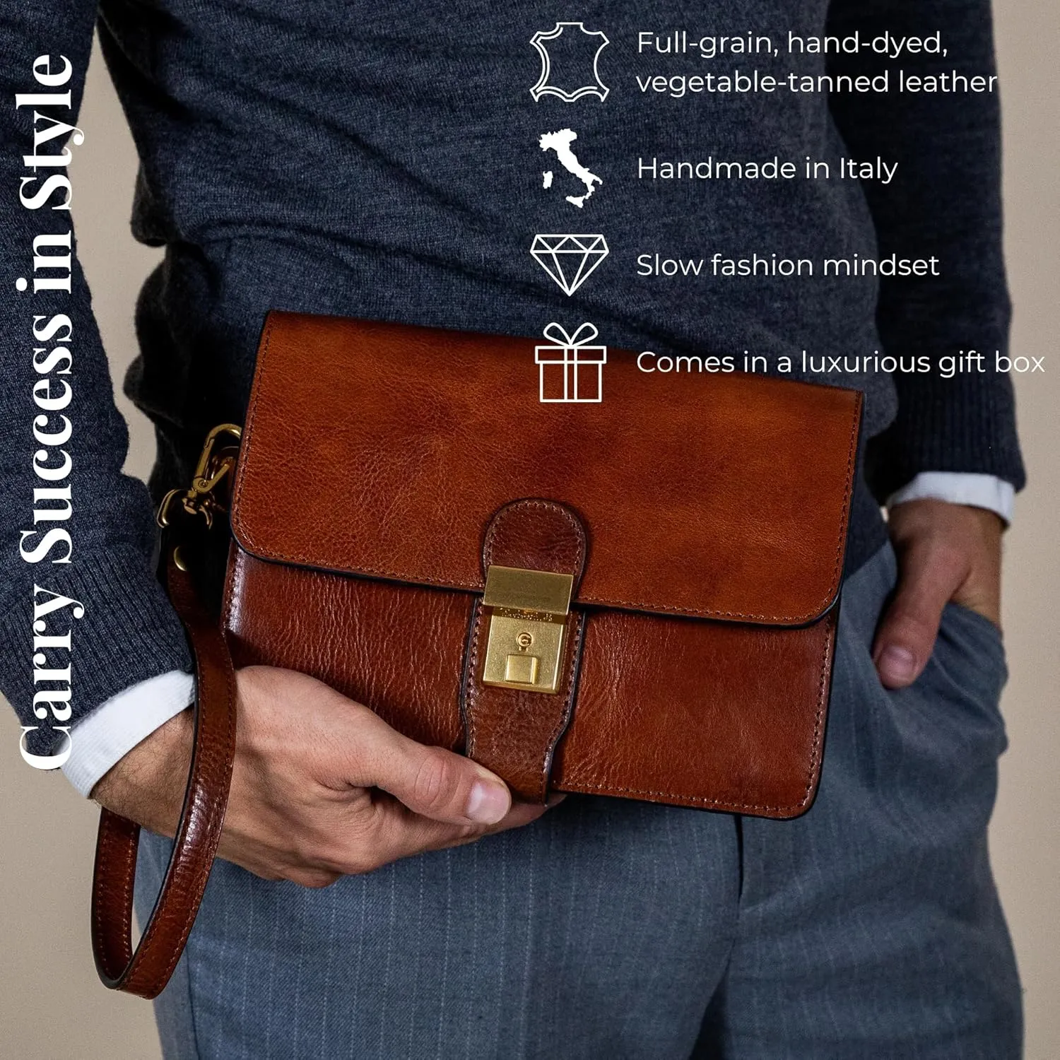 Time Resistance Leather Clutch - Men's Organizer Wrist Bag - Briefcase Handmade in Italy
