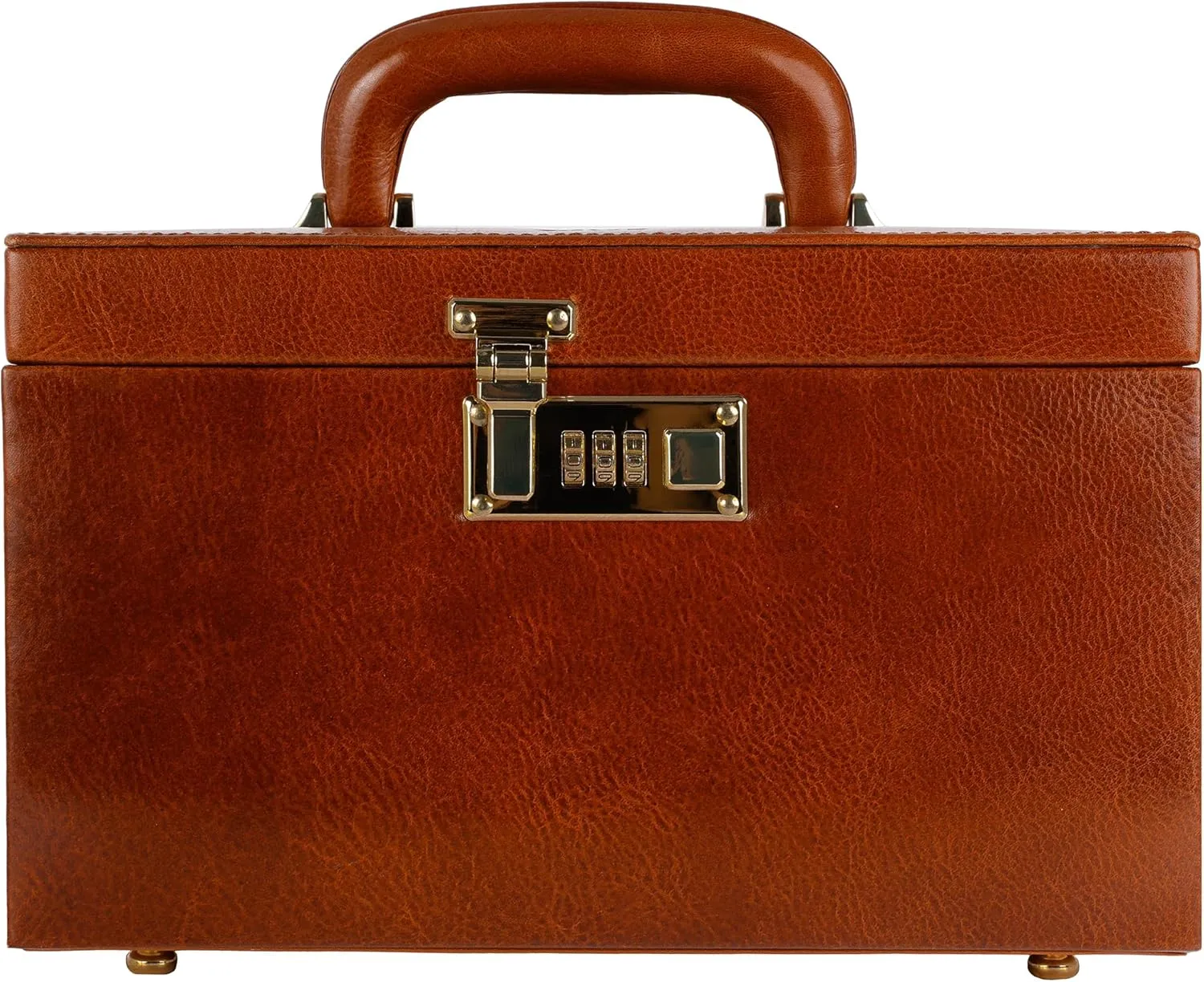 Time Resistance Leather Jewelry Box - Full Grain Leather Organizer, Accessories Storage with Key Lock for Women (Cognac Brown)