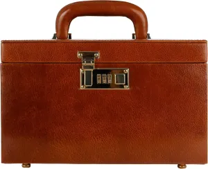Time Resistance Leather Jewelry Box - Full Grain Leather Organizer, Accessories Storage with Key Lock for Women (Cognac Brown)