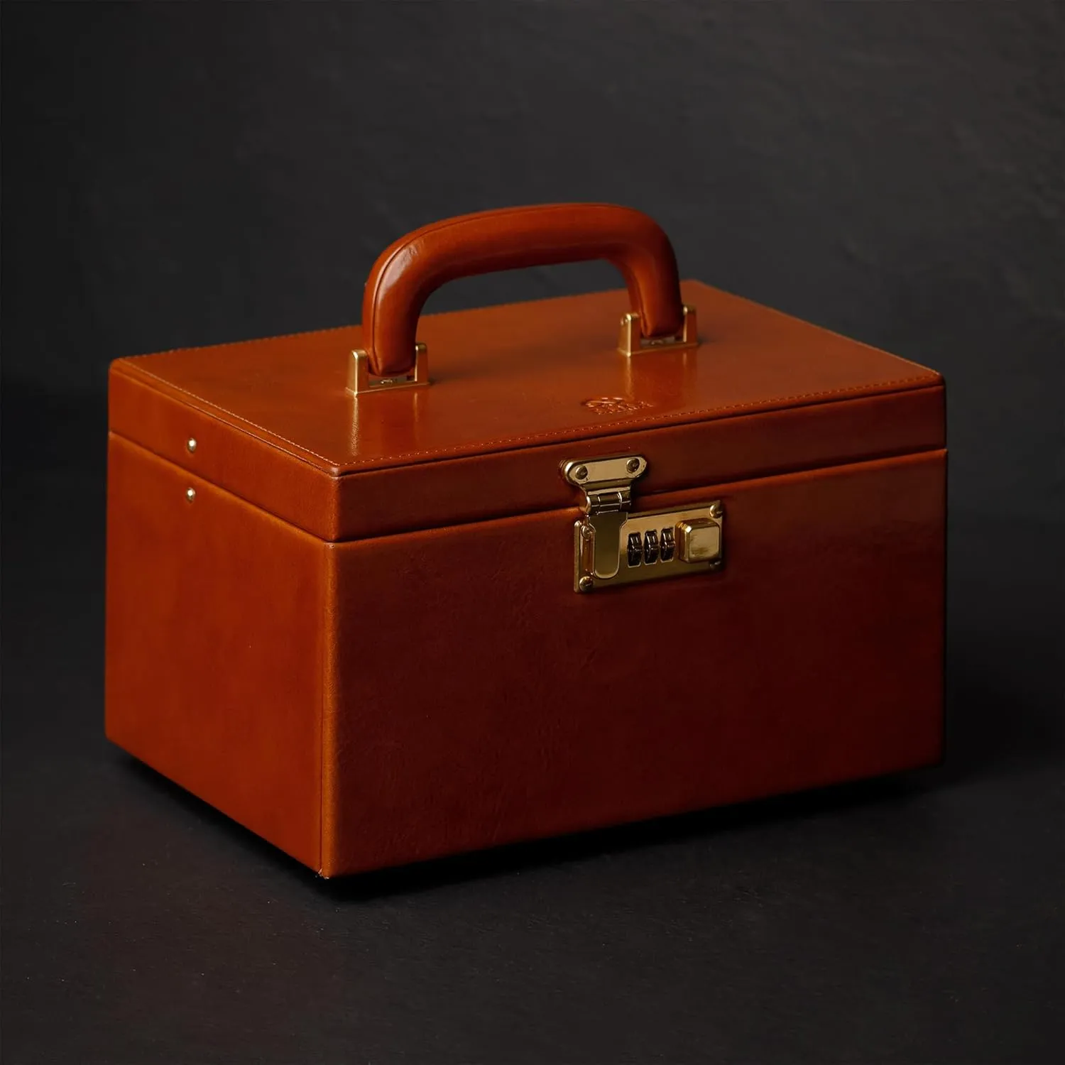 Time Resistance Leather Jewelry Box - Full Grain Leather Organizer, Accessories Storage with Key Lock for Women (Cognac Brown)