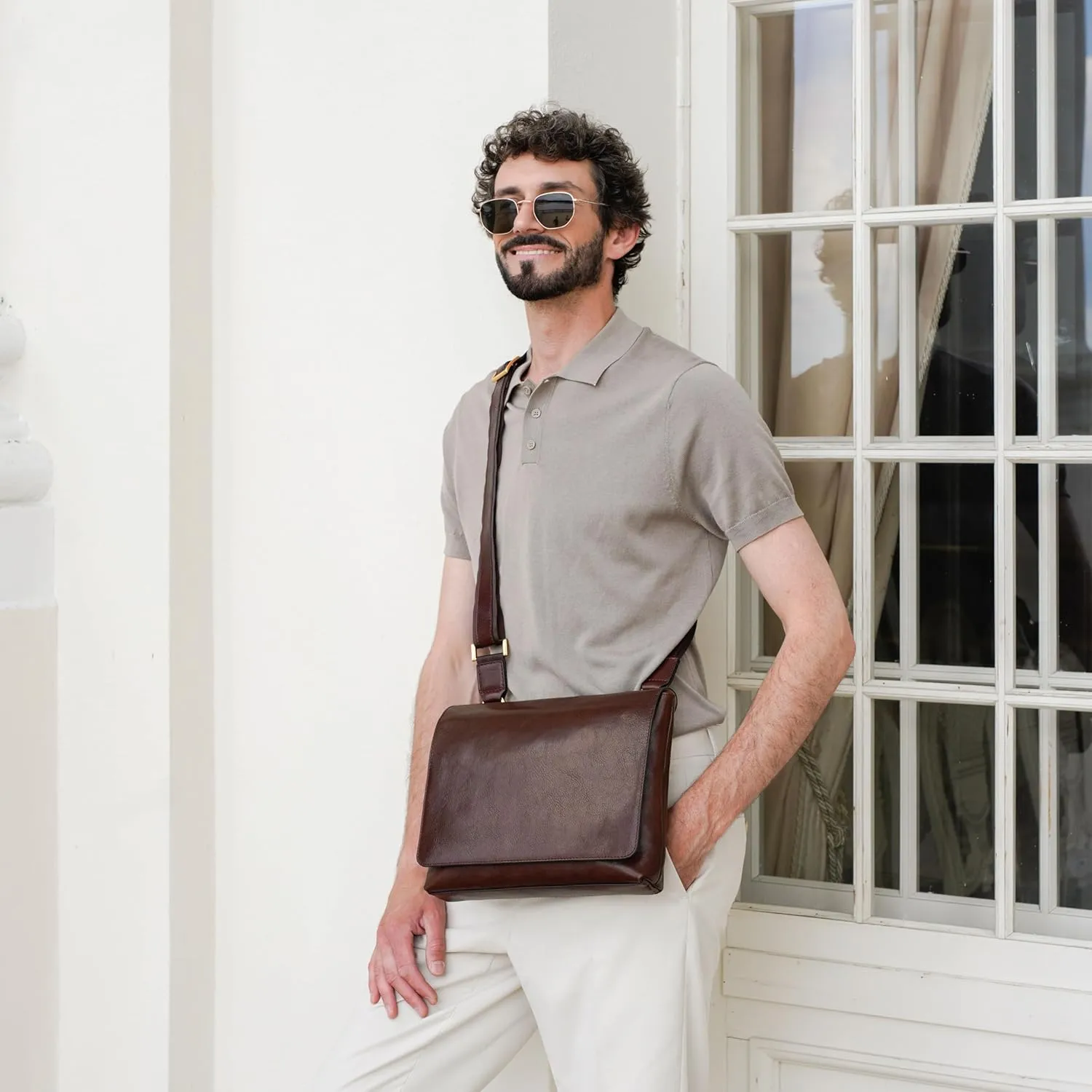 Time Resistance Leather Messenger Bag for Men - Crossbody Bag - Full Grain Leather - Tablet Sized Shoulder Bag