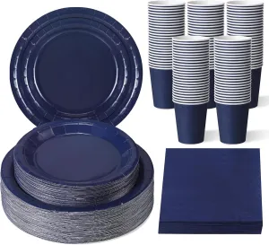 Tioncy 200 Pcs Disposable Paper Plates Cups and Napkins Party Supplies Serve 50 Guests Disposable Paper Dinnerware Set for Graduation Birthday Wedding Baby Shower Family Picnic(Navy Blue)