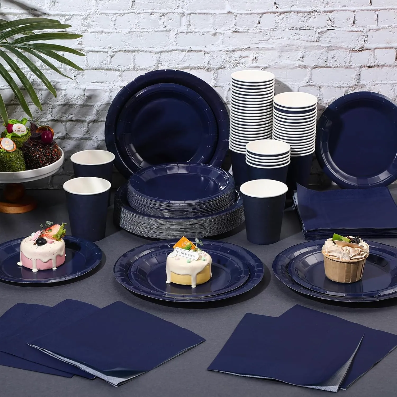 Tioncy 200 Pcs Disposable Paper Plates Cups and Napkins Party Supplies Serve 50 Guests Disposable Paper Dinnerware Set for Graduation Birthday Wedding Baby Shower Family Picnic(Navy Blue)