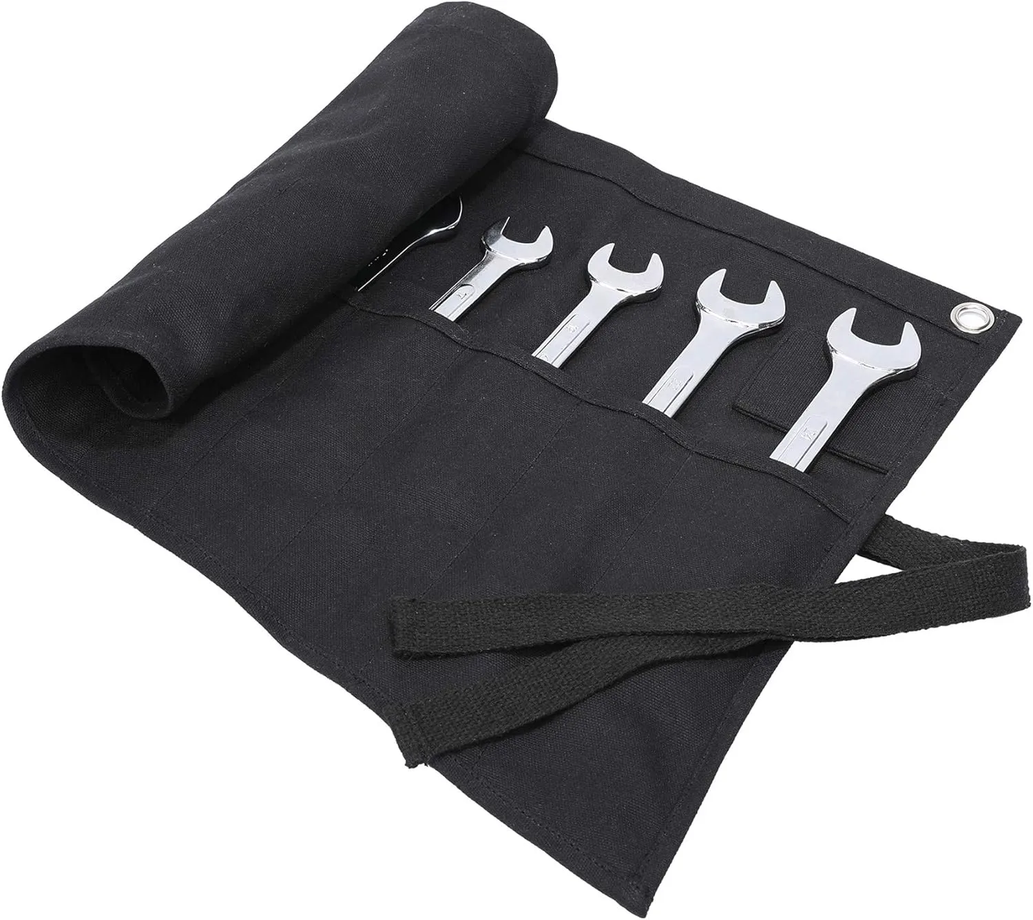 Tool pouch, Heavy Duty 16oz Waxed Canvas Wrench Roll Up Bag, Multi-Purpose Tool Pouch For Metric, SAE (Black)