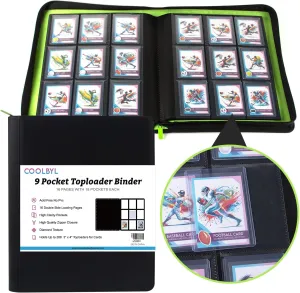Toploader Binder - Premium Trading Card Binder Holds 288 Toploaders, 9 Pocket Durable Side-Loading Card Album with Zipper, Perfect for TCG, MTG, and Sports Cards, Black & Green