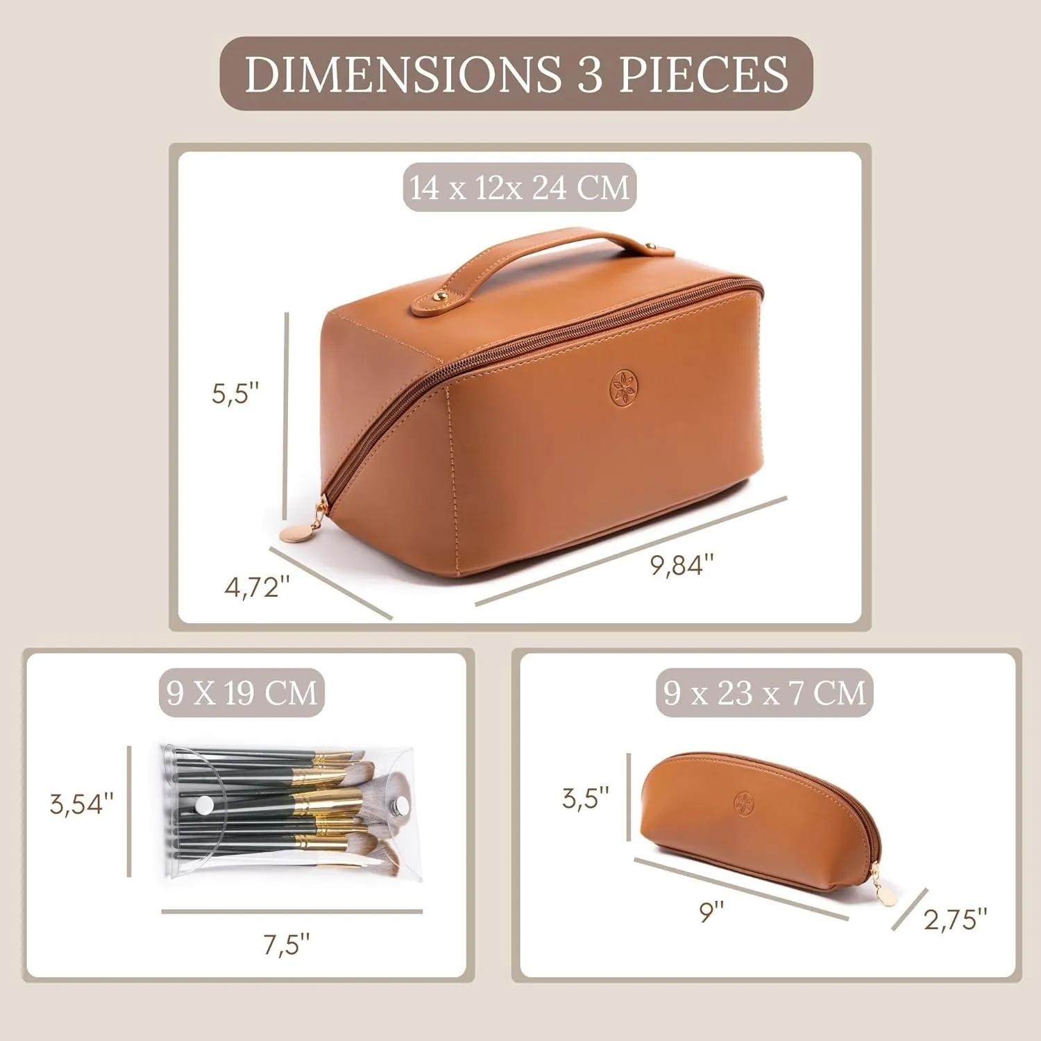 Travel Makeup Bag Waterproof Open Flat with Compartments, Large & Small Makeup Bag Organizer, PU Leather Toiletry Bag for Women, Cosmetic Bag, Make up Case Pouch, Make up Bags (3 Pieces Set)