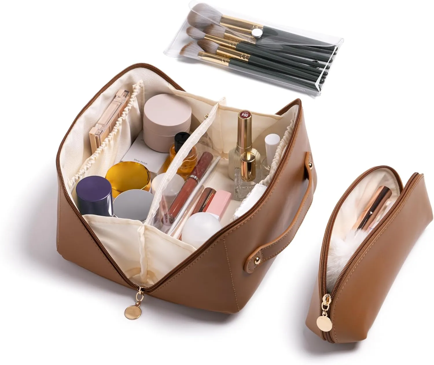 Travel Makeup Bag Waterproof Open Flat with Compartments, Large & Small Makeup Bag Organizer, PU Leather Toiletry Bag for Women, Cosmetic Bag, Make up Case Pouch, Make up Bags (3 Pieces Set)
