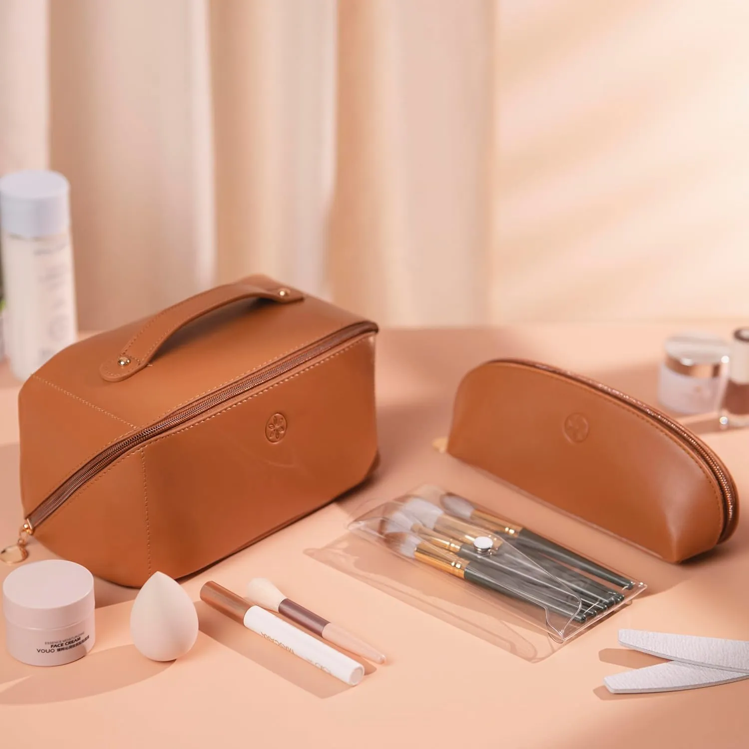 Travel Makeup Bag Waterproof Open Flat with Compartments, Large & Small Makeup Bag Organizer, PU Leather Toiletry Bag for Women, Cosmetic Bag, Make up Case Pouch, Make up Bags (3 Pieces Set)
