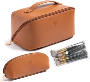 Travel Makeup Bag Waterproof Open Flat with Compartments, Large & Small Makeup Bag Organizer, PU Leather Toiletry Bag for Women, Cosmetic Bag, Make up Case Pouch, Make up Bags (3 Pieces Set)