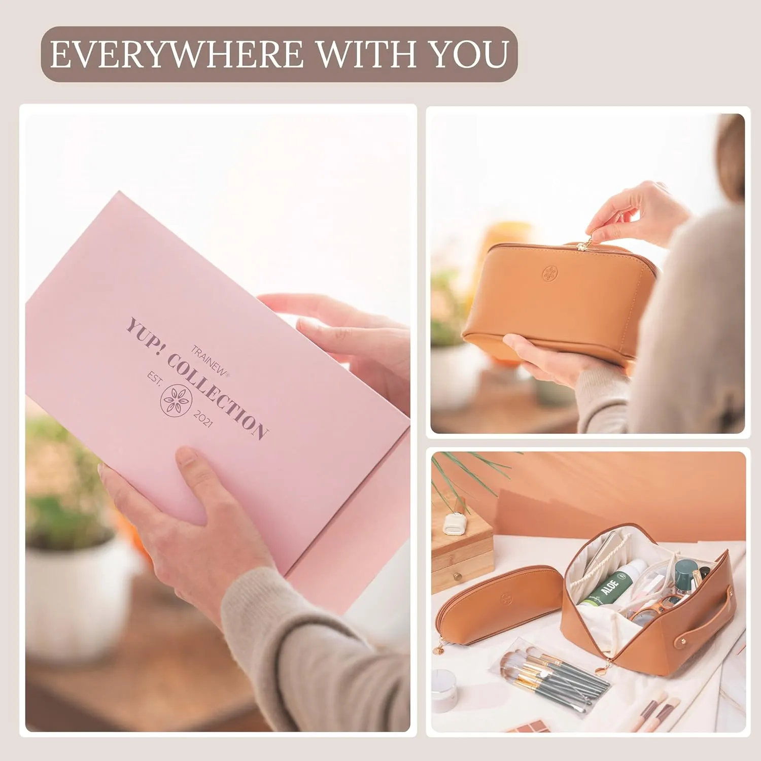 Travel Makeup Bag Waterproof Open Flat with Compartments, Large & Small Makeup Bag Organizer, PU Leather Toiletry Bag for Women, Cosmetic Bag, Make up Case Pouch, Make up Bags (3 Pieces Set)