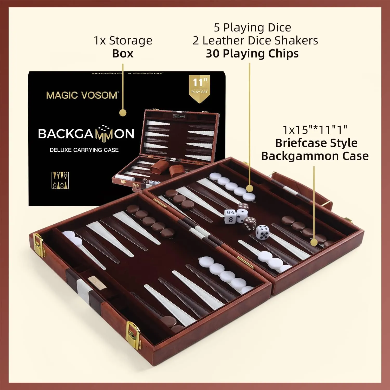 Travel Small 11 Inch Backgammon Set Classic Board Game with Leather Make Board Gift Package, Portable Strategy Game Set for Adults, Kids (Brown, Small)