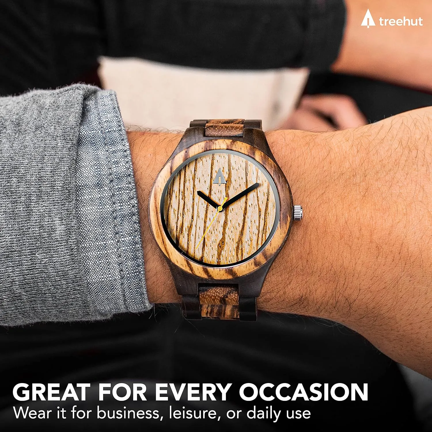 Treehut Wooden Watches for Men, Great Japanese Quartz Analog, Stylish Exotic Watch with Adjustable Stainless Steel Clasp, Buckle, Made from Ebony and Walnut Wood, Relojes Hombre Mujeres