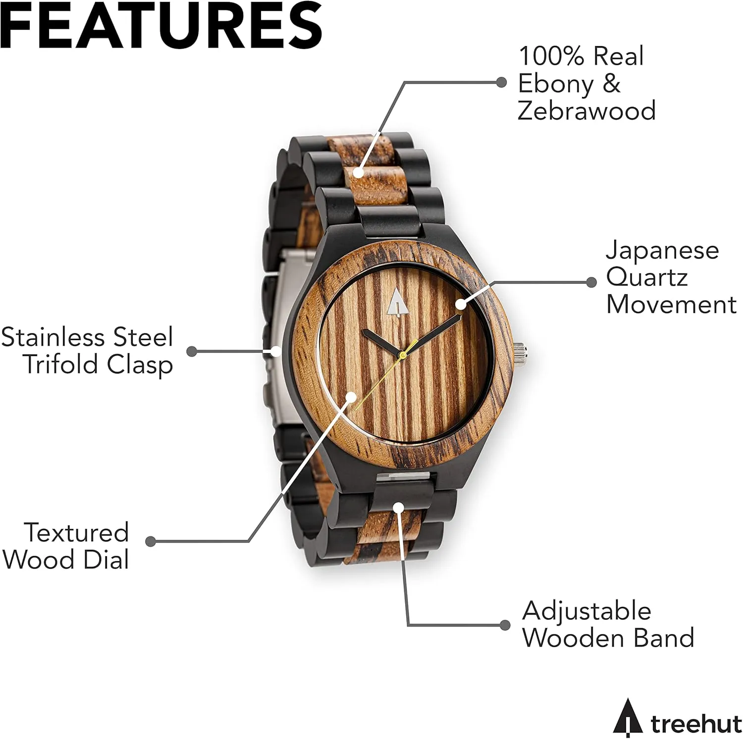 Treehut Wooden Watches for Men, Great Japanese Quartz Analog, Stylish Exotic Watch with Adjustable Stainless Steel Clasp, Buckle, Made from Ebony and Walnut Wood, Relojes Hombre Mujeres