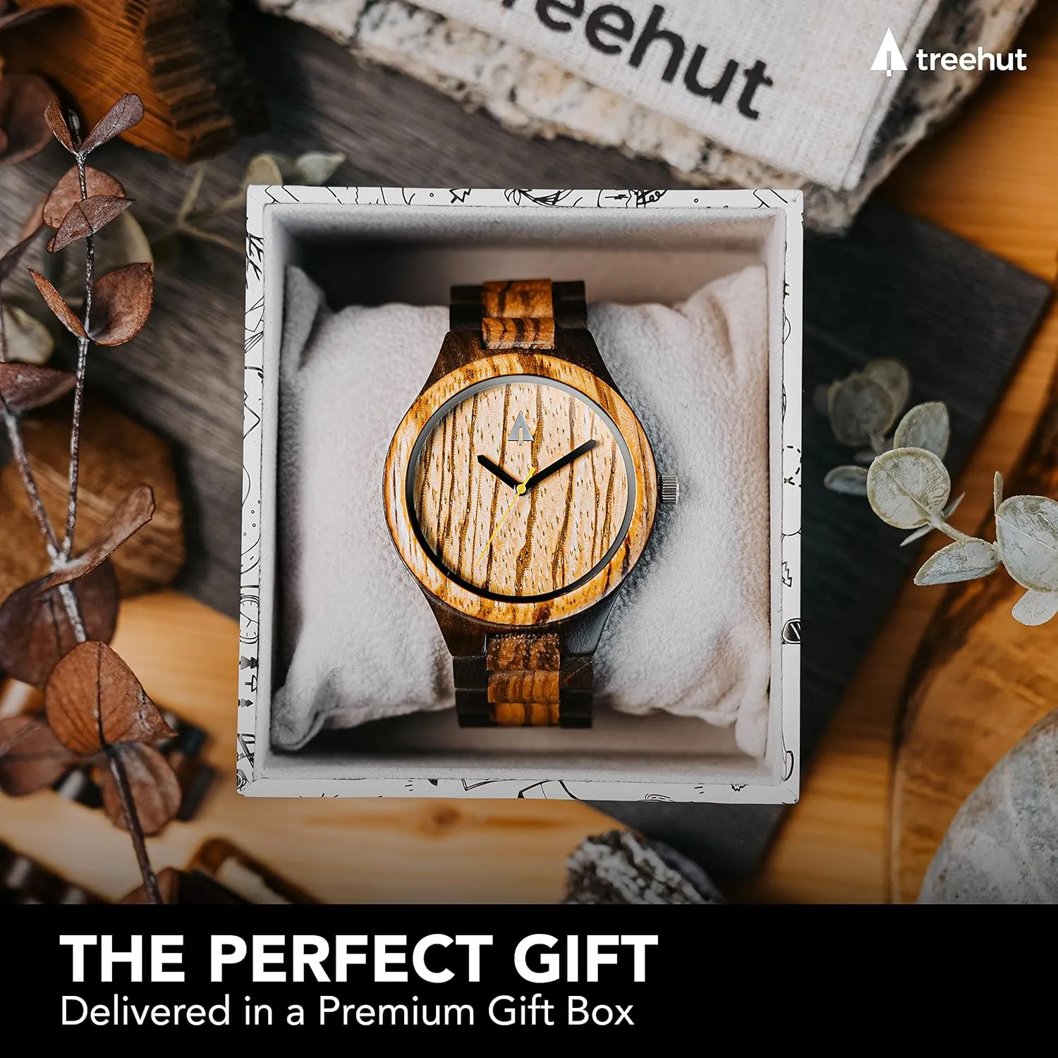 Treehut Wooden Watches for Men, Great Japanese Quartz Analog, Stylish Exotic Watch with Adjustable Stainless Steel Clasp, Buckle, Made from Ebony and Walnut Wood, Relojes Hombre Mujeres
