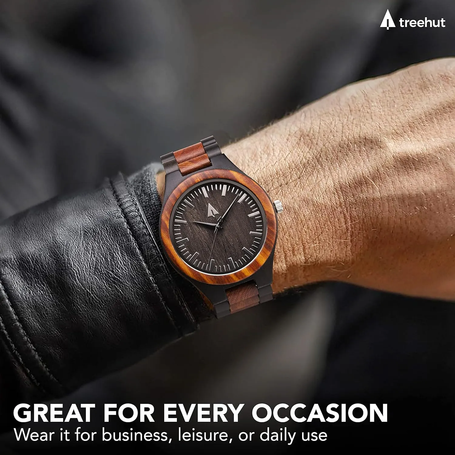 Treehut Wooden Watches for Men, Japanese Quartz Movement, Stylish Exotic Wrist Watch with Adjustable Stainless Steel Buckle, Wooden Straps, Watch Made from Ebony and Redwood, Relojes para Hombre